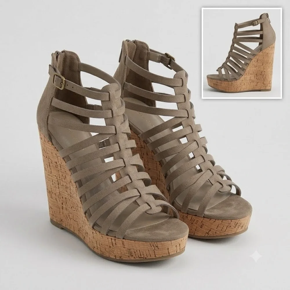 Maurices Taupe Strappy Gladiator Cork Wedge Platform Sandals Grey Ankle Zip 8.5